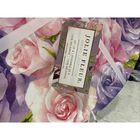 Set 4 Jolie Fleur Floral Roses 11” Melamine Dinner Plates Pink Purple Spring New - Picture 2 of 6